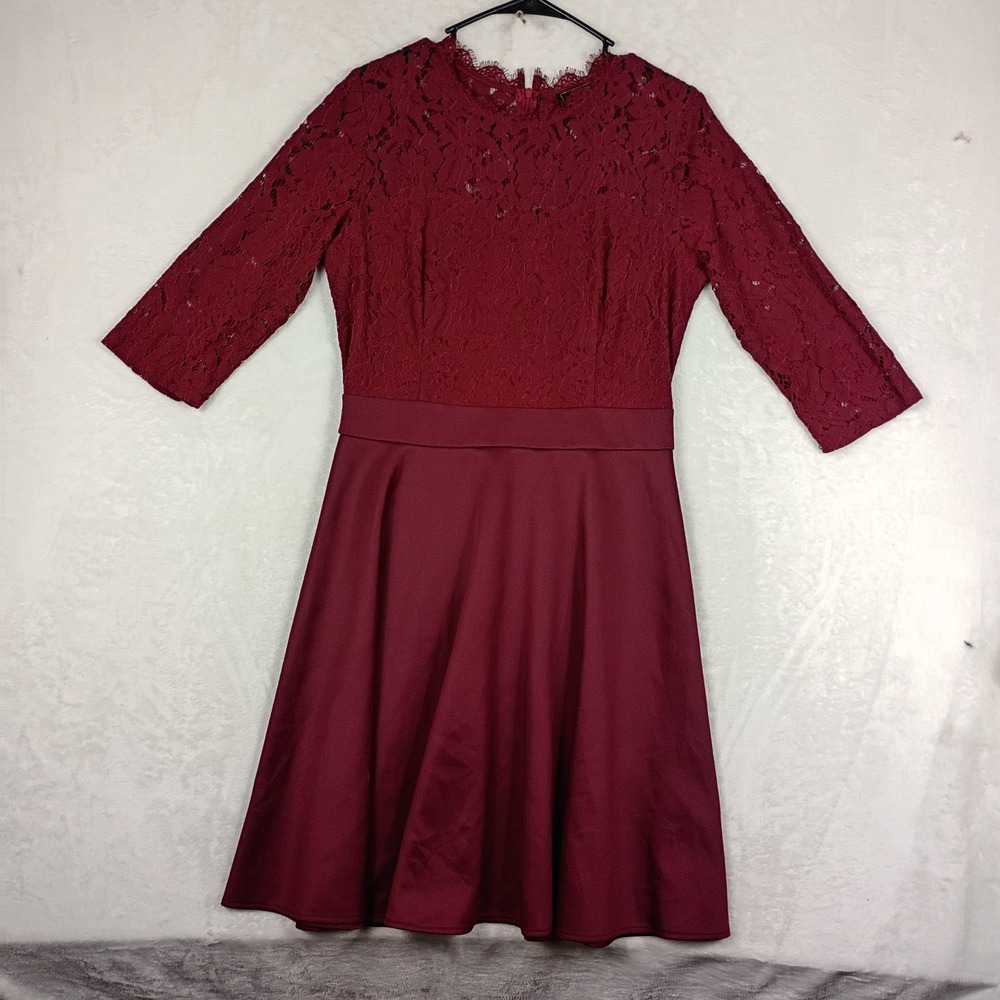 Missmay Lace Cocktail Dress Womens Large Burgundy 3/4 Sleeve Retro Fit Flare